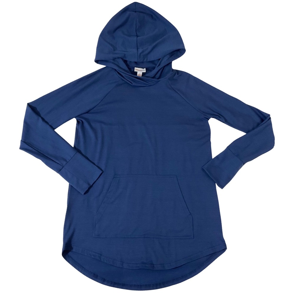 LuLaRoe Amber Hoodie Navy Blue Long Sleeve Kangaroo Pocket Tunic Small